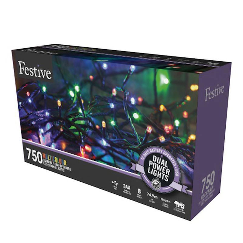 Christmas Tree Fairy Lights Multifunction Multicolour Outdoor Dual Power 750 LED - 12.9m 