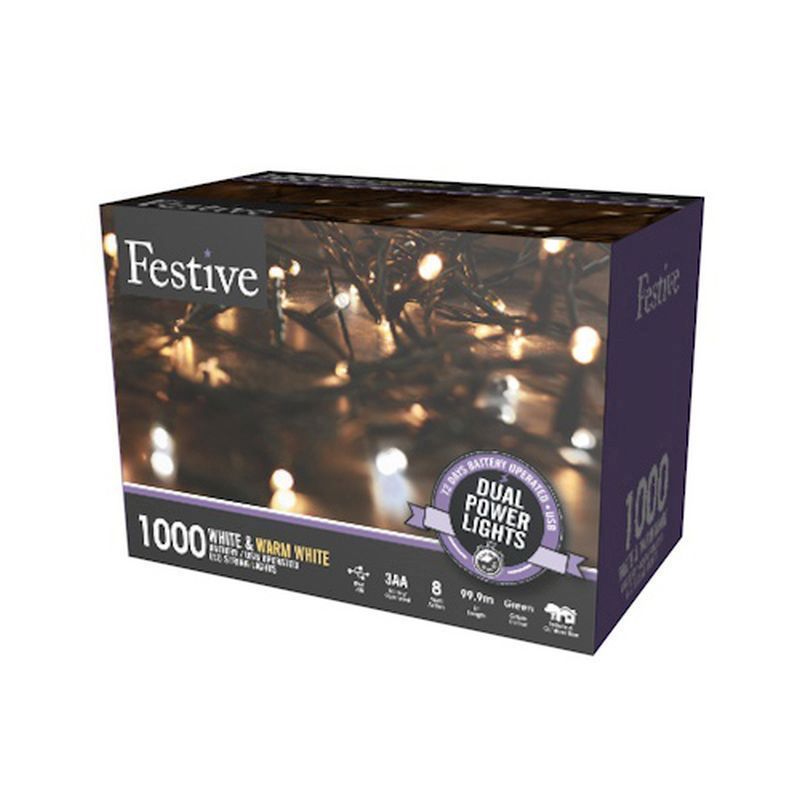 1000 LED Two Tone White 99.9m Dual Power Christmas Tree Outdoor Lights