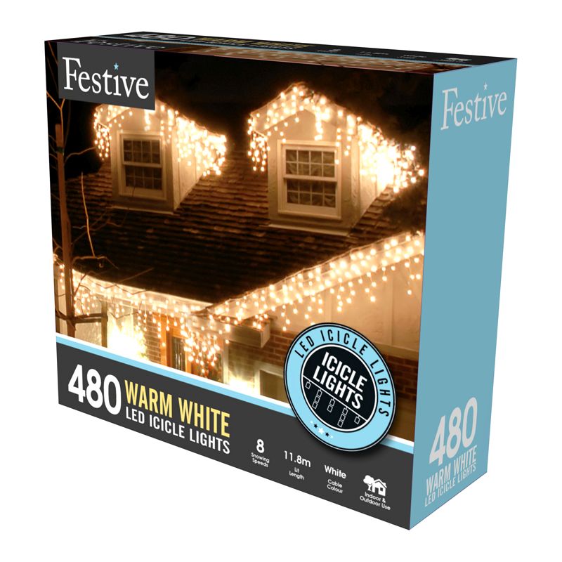 String Icicle Christmas Lights Multifunction White Outdoor 480 LED - 12.9m 