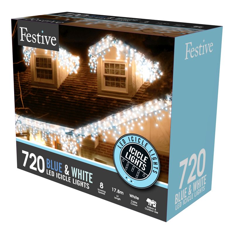 720 LED Blue White 17.8m Snowing Icicle Christmas Tree Outdoor Lights