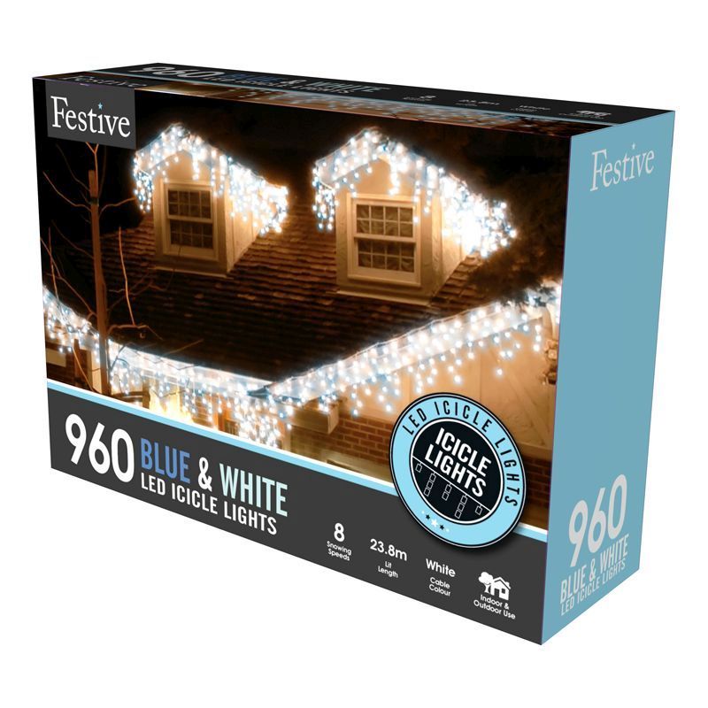 960 LED Blue & White 23.8m Snowing Icicle Christmas Tree Outdoor Lights