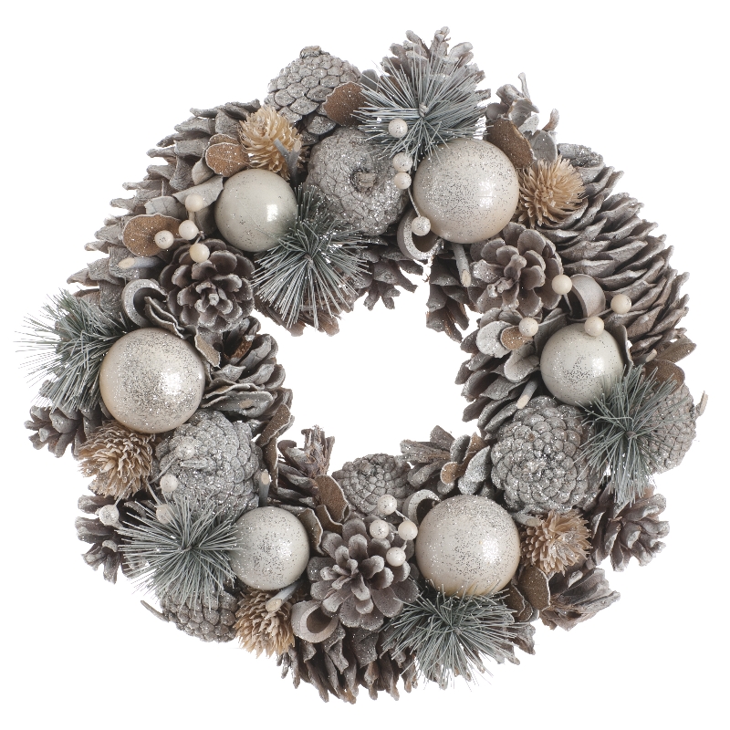 Wreath Christmas Decoration Silver with Pinecones & Berries Pattern - 36cm 
