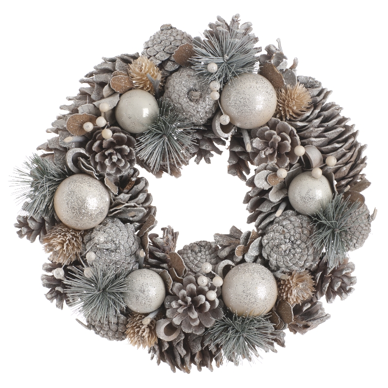 Wreath Christmas Decoration Silver with Pinecones & Berries Pattern - 30cm 