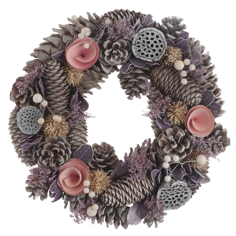 Wreath Christmas Decoration Pink with Pinecones & Roses Pattern - 36cm 