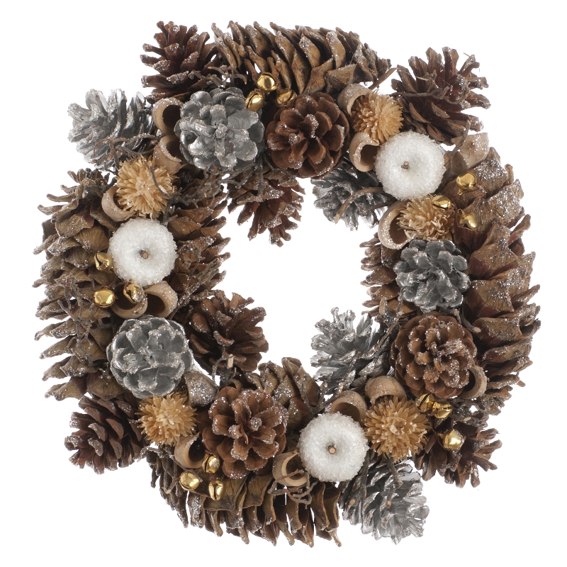 Pinecones & Apples Wreath Christmas Decoration Silver & Gold with Glitter Pattern - 36cm 