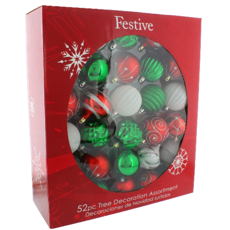 52 x Christmas Tree Baubles Decoration Green & Red - 7cm 