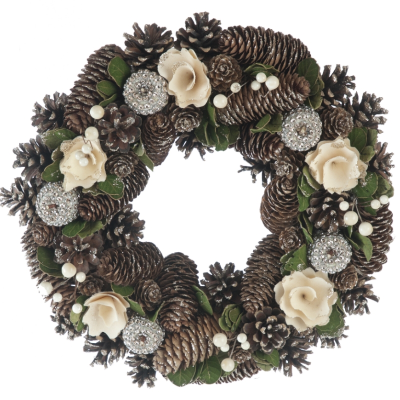 Wreath Christmas Decoration Cream & Silver - 30cm 