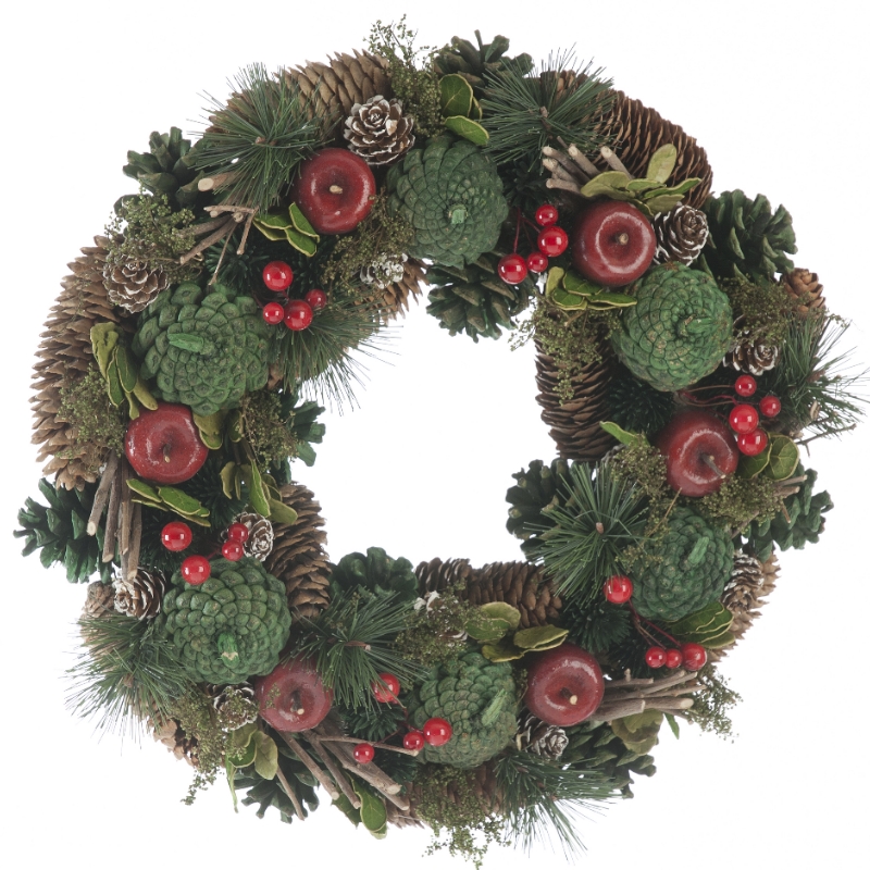 Berries & Apples Wreath Christmas Decoration Green & Red - 36cm 