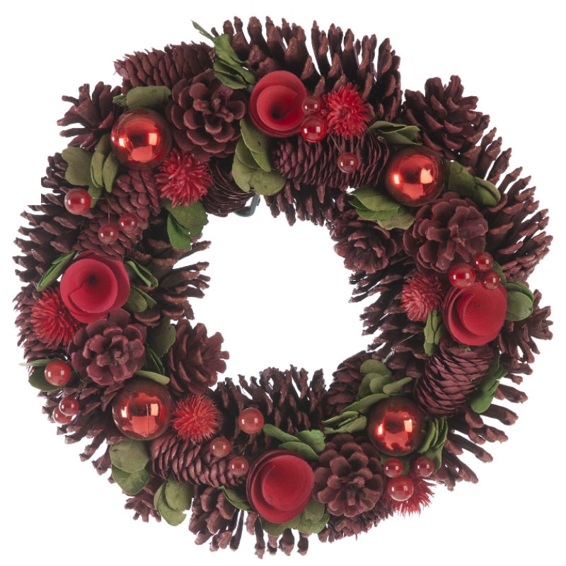 Wreath Christmas Decoration Green & Red with Pinecones & Roses Pattern - 36cm 