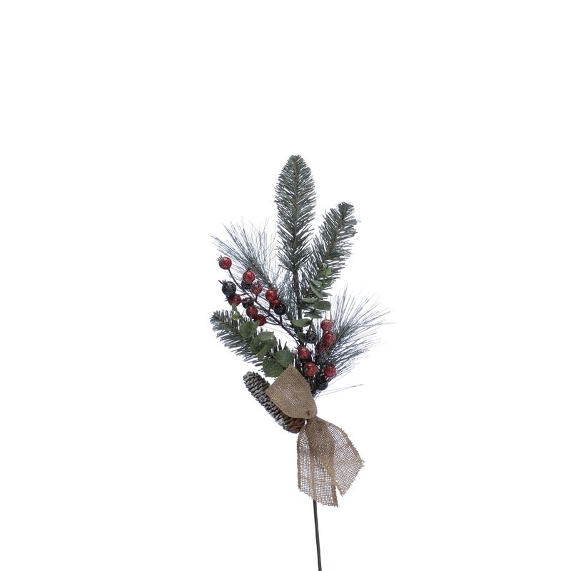 Pinecones & Berries Pick Stem Christmas Decoration Natural & Green with Frosted Pattern - 60cm 