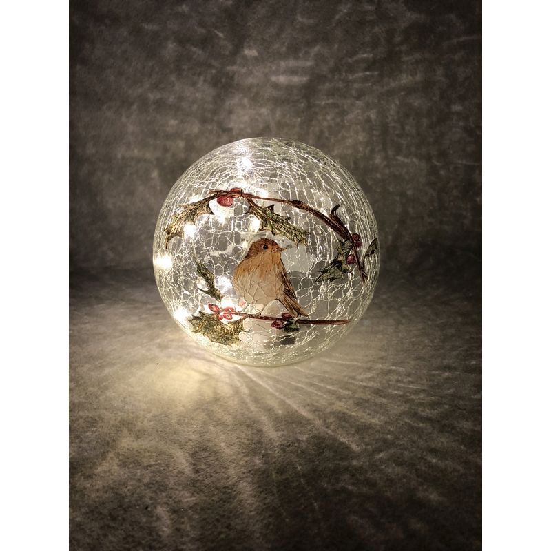 12 LED White Robin Branch Crackle Effect Ball 15cm