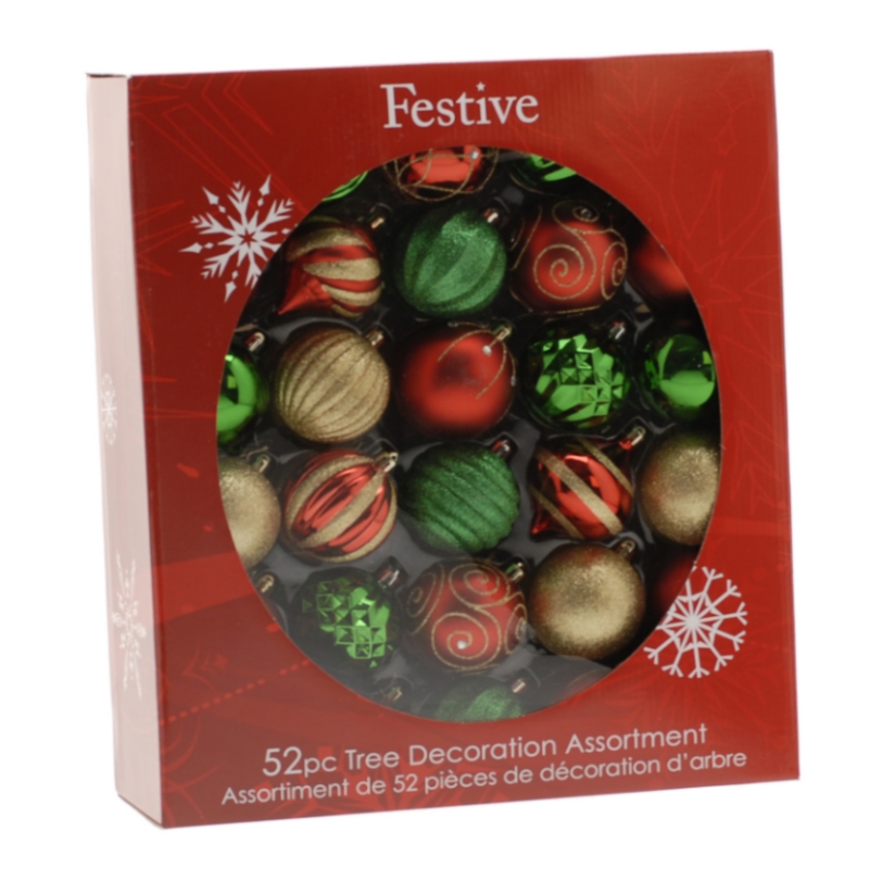 52 x Christmas Tree Baubles Decoration Red & Green - 7cm 