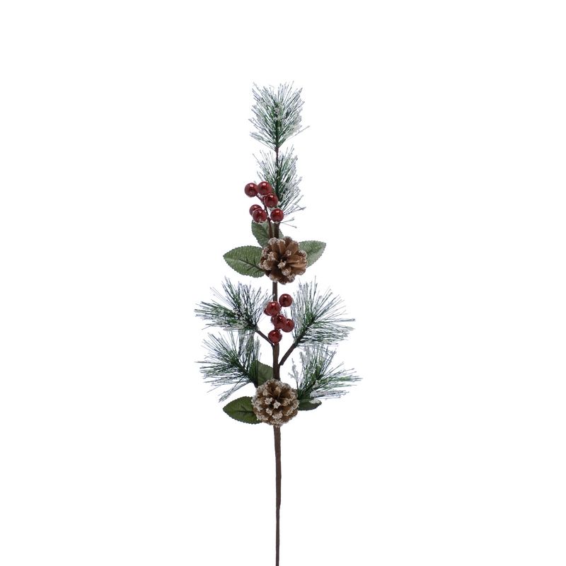 Pinecones & Berries Pick Stem Christmas Decoration Green & Red with Glitter Pattern - 62cm 
