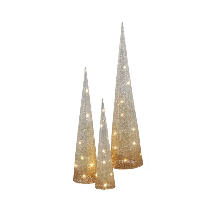 Festive 60 LED Warm White Static Indoor 150cm Tall Set of 3 Cone Trees Decoration Battery Gold Ombre