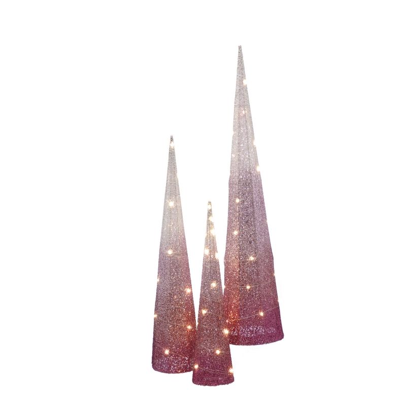 Festive 60 LED Warm White Static Indoor 150cm Tall Set of 3 Cone Trees Decoration Battery Pink Ombre