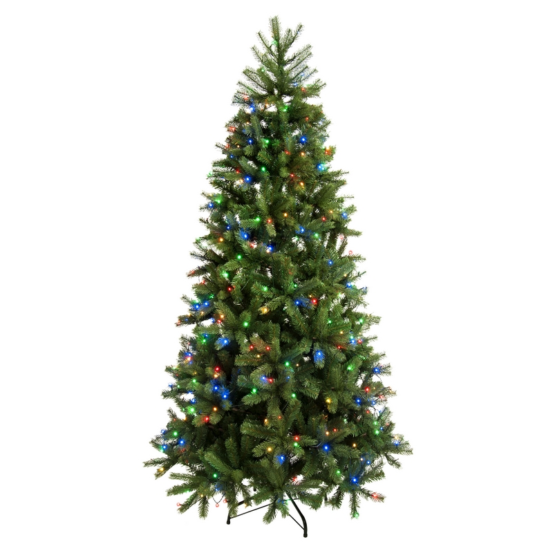 7ft Prelit Christmas Tree Artificial - Dark Green with LED Lights Multicoloured 1254 Tips 