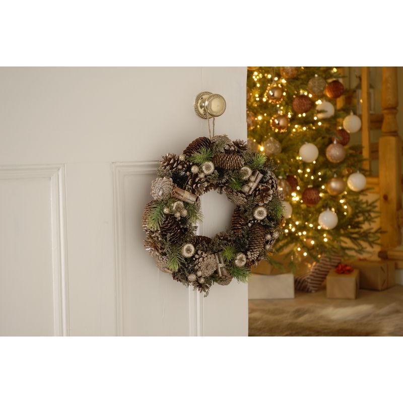 Wreath Christmas Decoration Gold & Silver with Pinecones & Berries Pattern - 36cm 