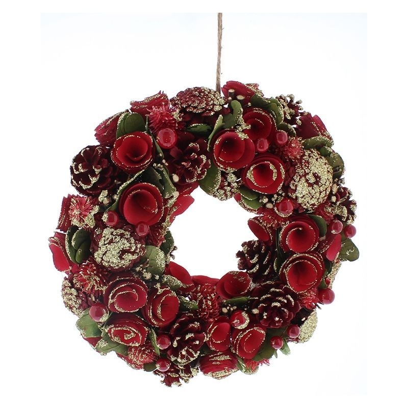 Berries & Roses Wreath Christmas Decoration Red & Gold - 30cm 