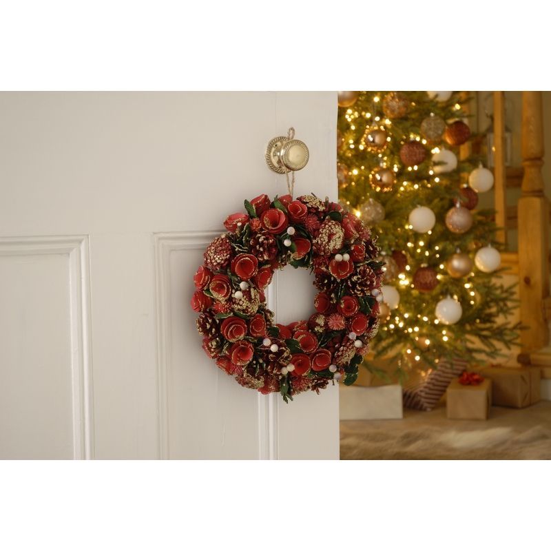Berries & Roses Wreath Christmas Decoration Red & Gold - 36cm 