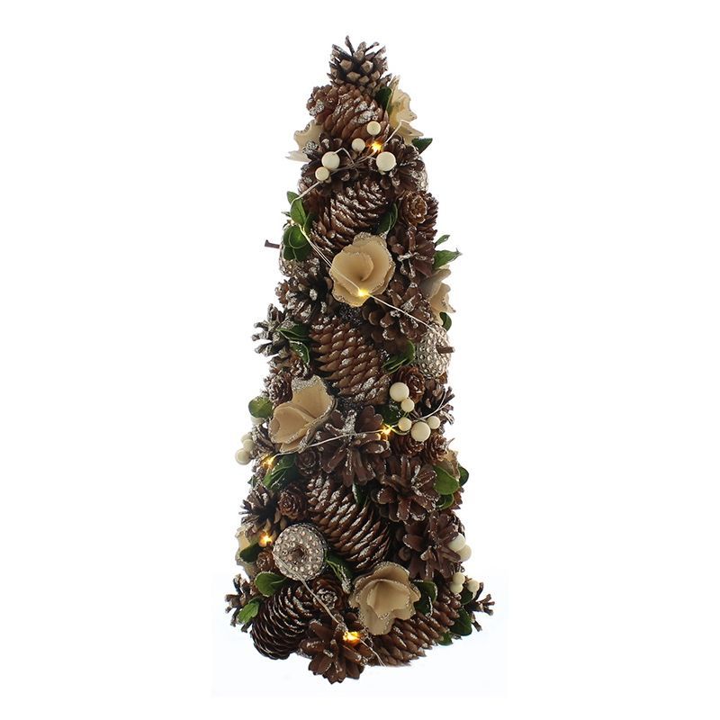 1ft Berries & Cones Christmas Tree Artificial - Green & Gold with LED Lights Warm White