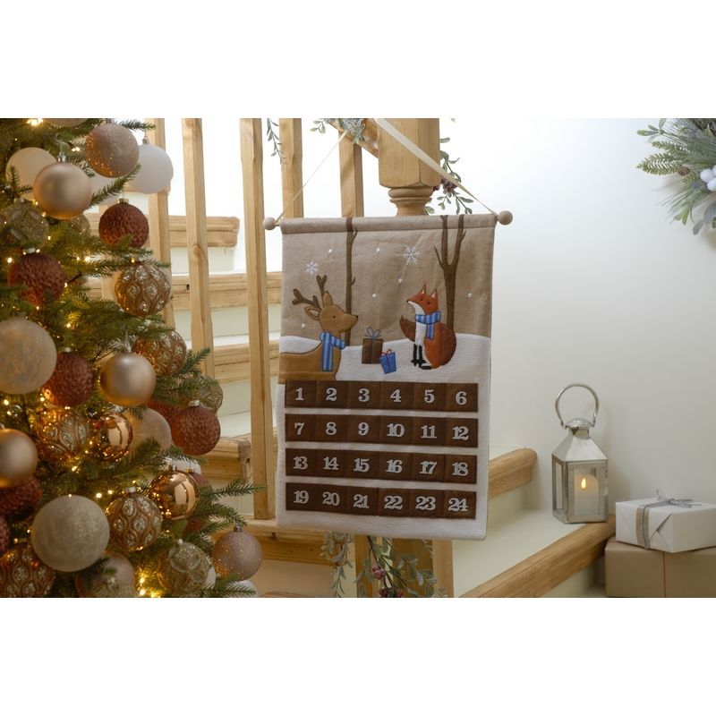 Advent Calendar Christmas Decoration Brown & White with Reindeer Pattern - 58cm 