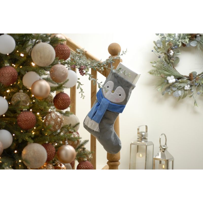 Penguin Stocking Christmas Decoration Grey & White - 48cm 