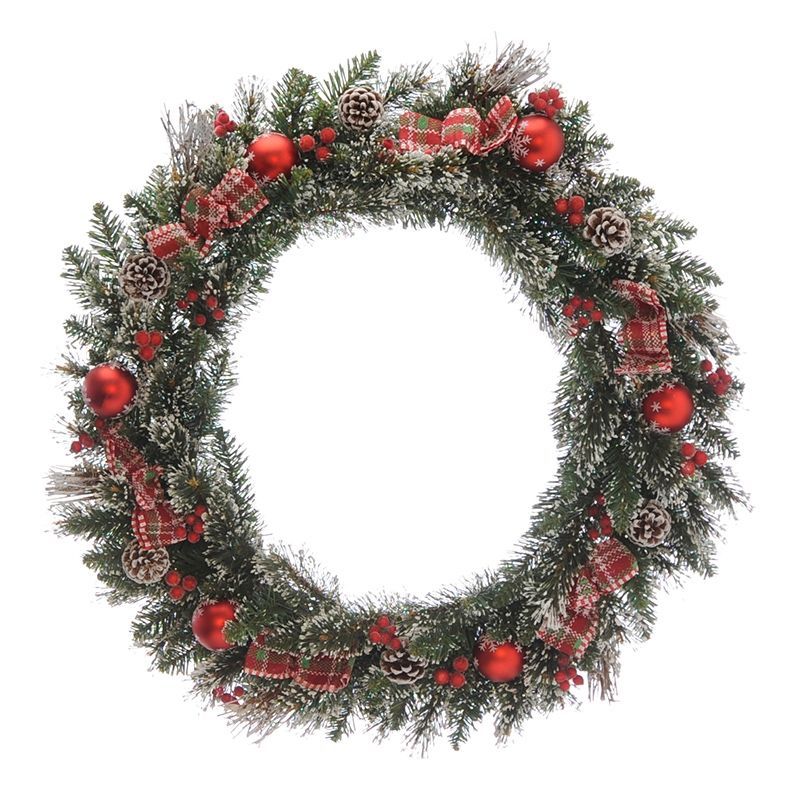 Pinecones & Berries Wreath Christmas Decoration Green & Red with Tartan Pattern - 80cm 