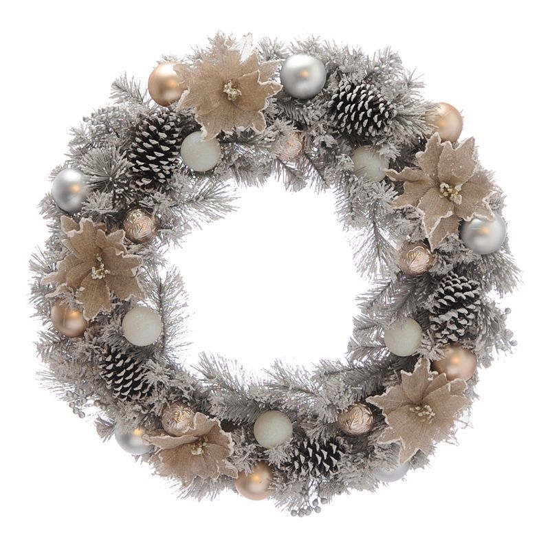 Pinecones & Baubles Wreath Christmas Decoration Silver & Gold with Frosted Pattern - 80cm 