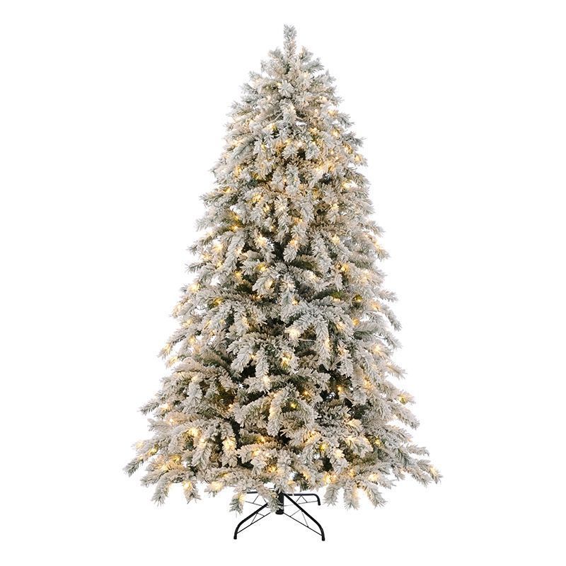 7ft Snowy Ridge Pine Christmas Tree Artificial - White Frosted Green with LED Lights Warm White 858 Tips 