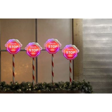 40 Led Santa Stop Here Set Of 4 Outdoor Pathfinder Stake Light Red White 4 X 58cm