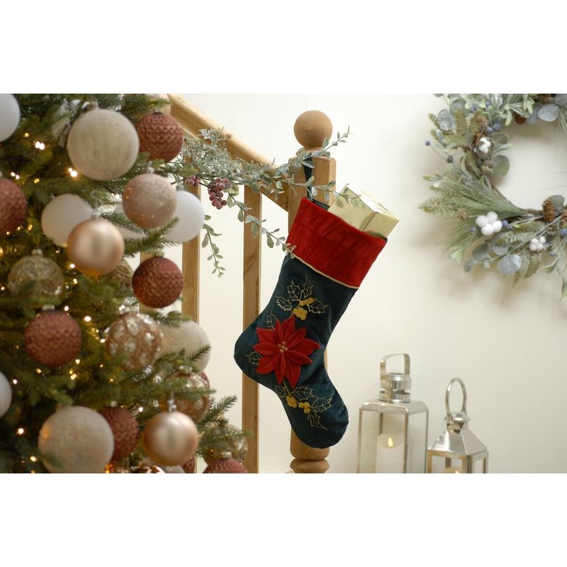 Stocking Christmas Decoration Green & Red with Poinsettia Pattern - 48cm 