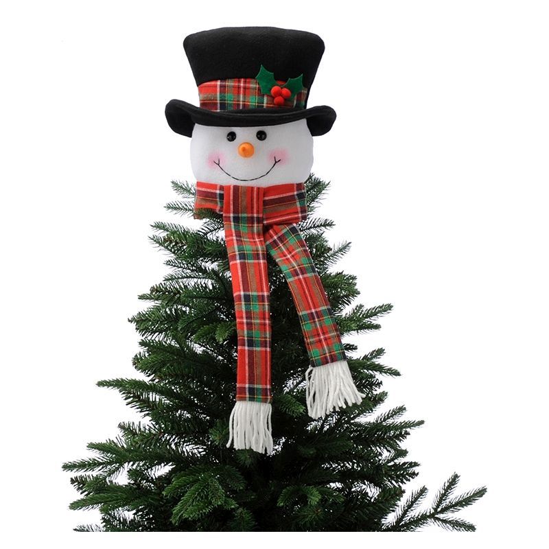 Snowman Christmas Tree Topper Decoration White & Black with Tartan Pattern - 33cm 