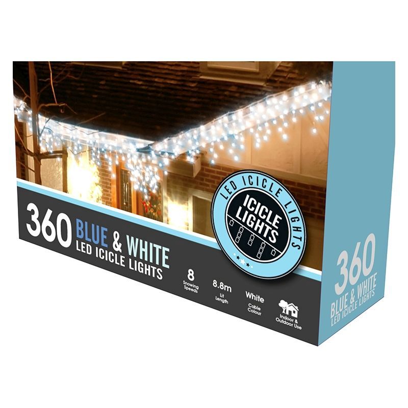 String Icicle Christmas Lights Multifunction Blue & White Outdoor 360 LED - 8.8m 