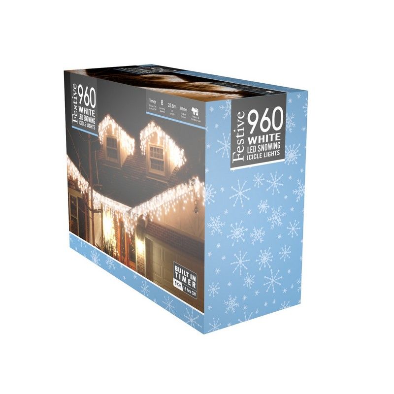 Christmas String Icicle Lights Snowfall White Outdoor 960 LED - 23.8m 