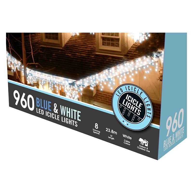 String Icicle Christmas Lights Multifunction Blue & White Outdoor 960 LED - 23.8m 