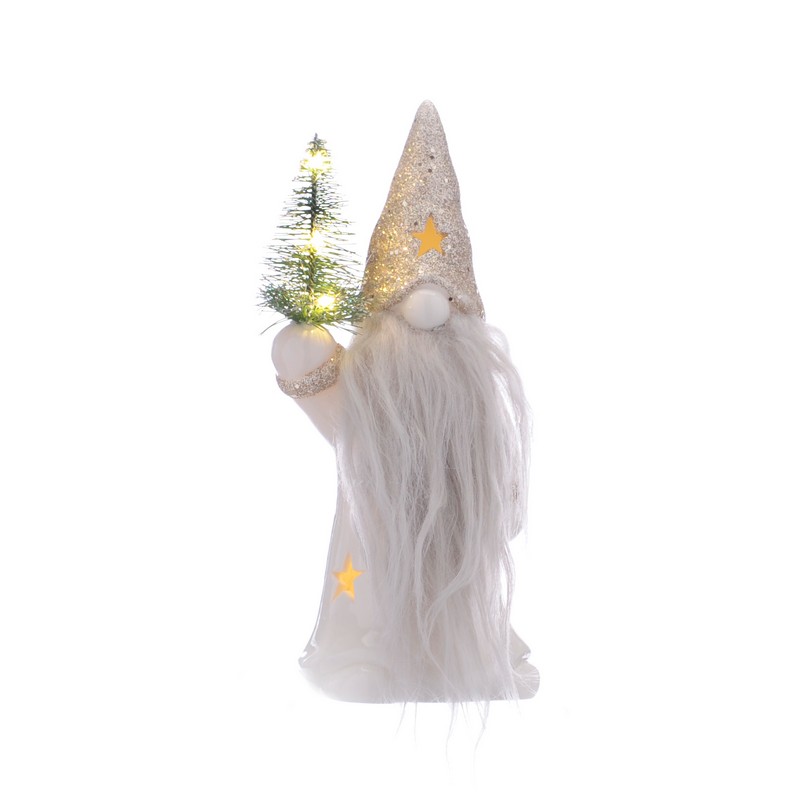 LED Christmas White & Gold Glitter Hat Gonk With Tree - 20cm