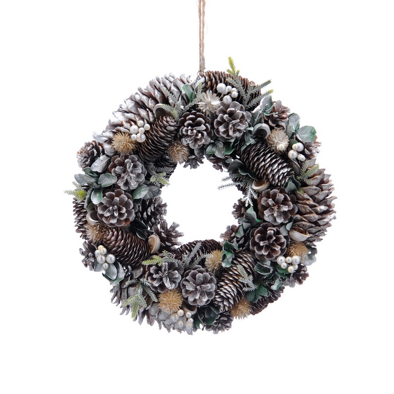 Wreath Christmas Decoration Green & White with Frosted Pattern - 36cm 