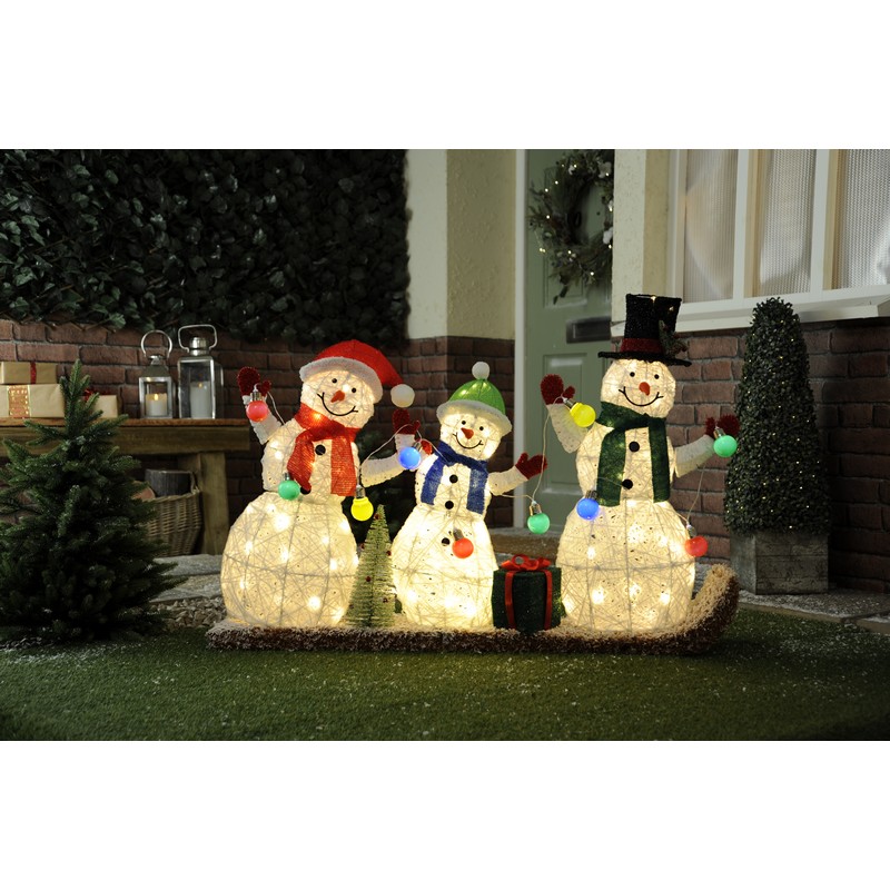 LED Christmas Snowman Family On Sledge - 132cm
