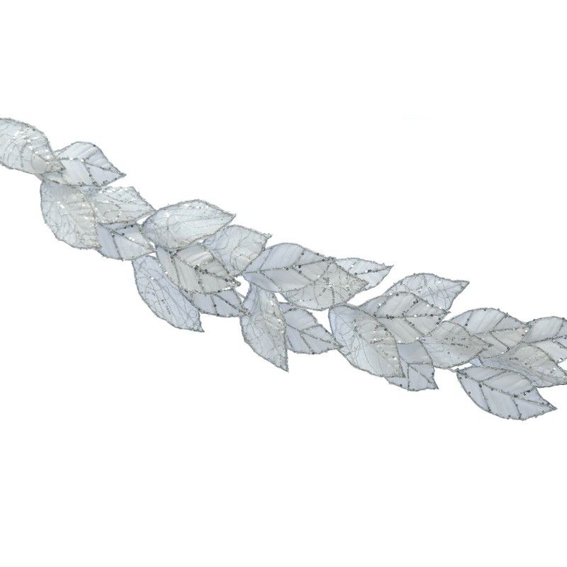 Leaf Garland Christmas Decoration White with Glitter Pattern - 118cm 
