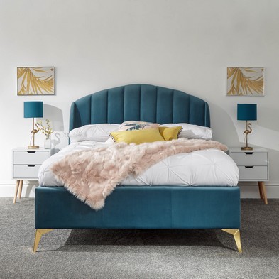Pettine Double Ottoman Bed Wood Fabric Light Blue 5 X 7ft