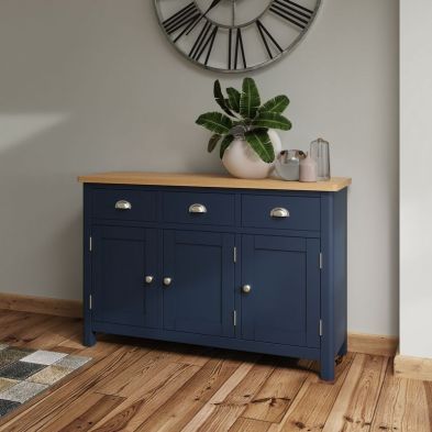 Product photograph of Westbridge Large Sideboard Oak Blue 3 Doors 2 Shelves 3 Drawers from QD stores