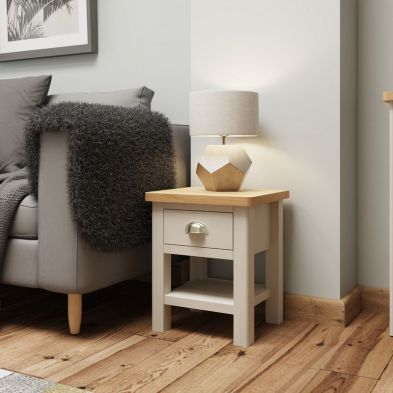 Product photograph of Westbridge Side Table Oak Grey 1 Shelf 1 Drawer from QD stores