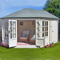 See more information about the Shire Rowney 14' x 10' Hexagonal Hip Log Cabin - Premium 28mm Cladding Tongue & Groove