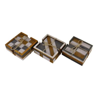 Product photograph of 4x Coaster Polyresin Gold White With Chequred Pattern - 12cm from QD stores