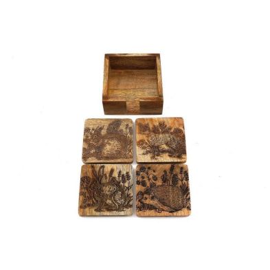 Product photograph of 4x Woodland Animals Coaster Wood With Engraved Pattern - 10cm from QD stores