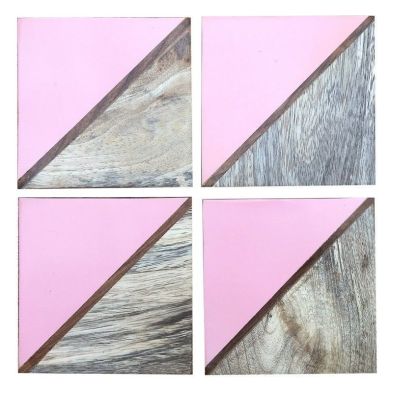 4x Coaster Polyresin Wood Pink With Geometric Pattern 10cm