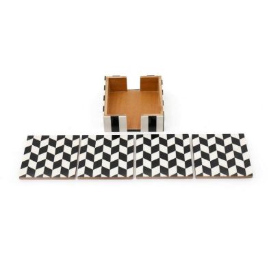 Product photograph of 4x Coaster Wood Black White With Herringbone Pattern - 10cm from QD stores