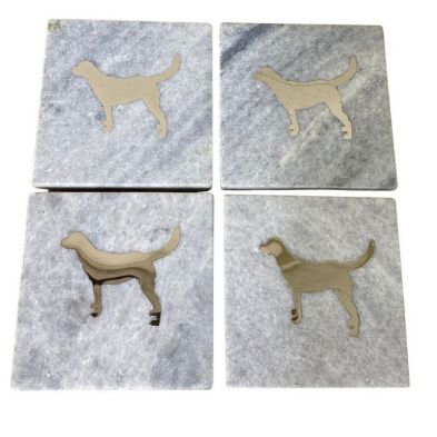 4x Coaster Marble Gold White With Dog Pattern 10cm