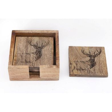 4x Stag Coaster Wood With Engraved Pattern 10cm