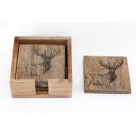 See more information about the 4x Stag Coaster Wood with Engraved Pattern - 10cm